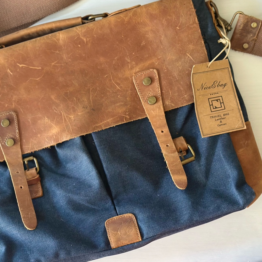NB Brown Leather and Denim Blue Travel Bag